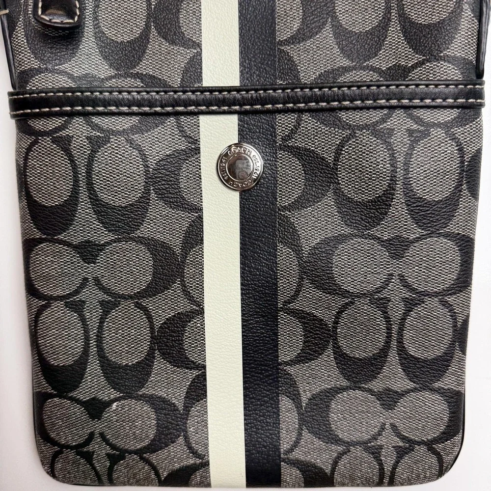 Coach Crossbody Bag Womens Small Black Signature Avary Canvas Stripe Blue Lining